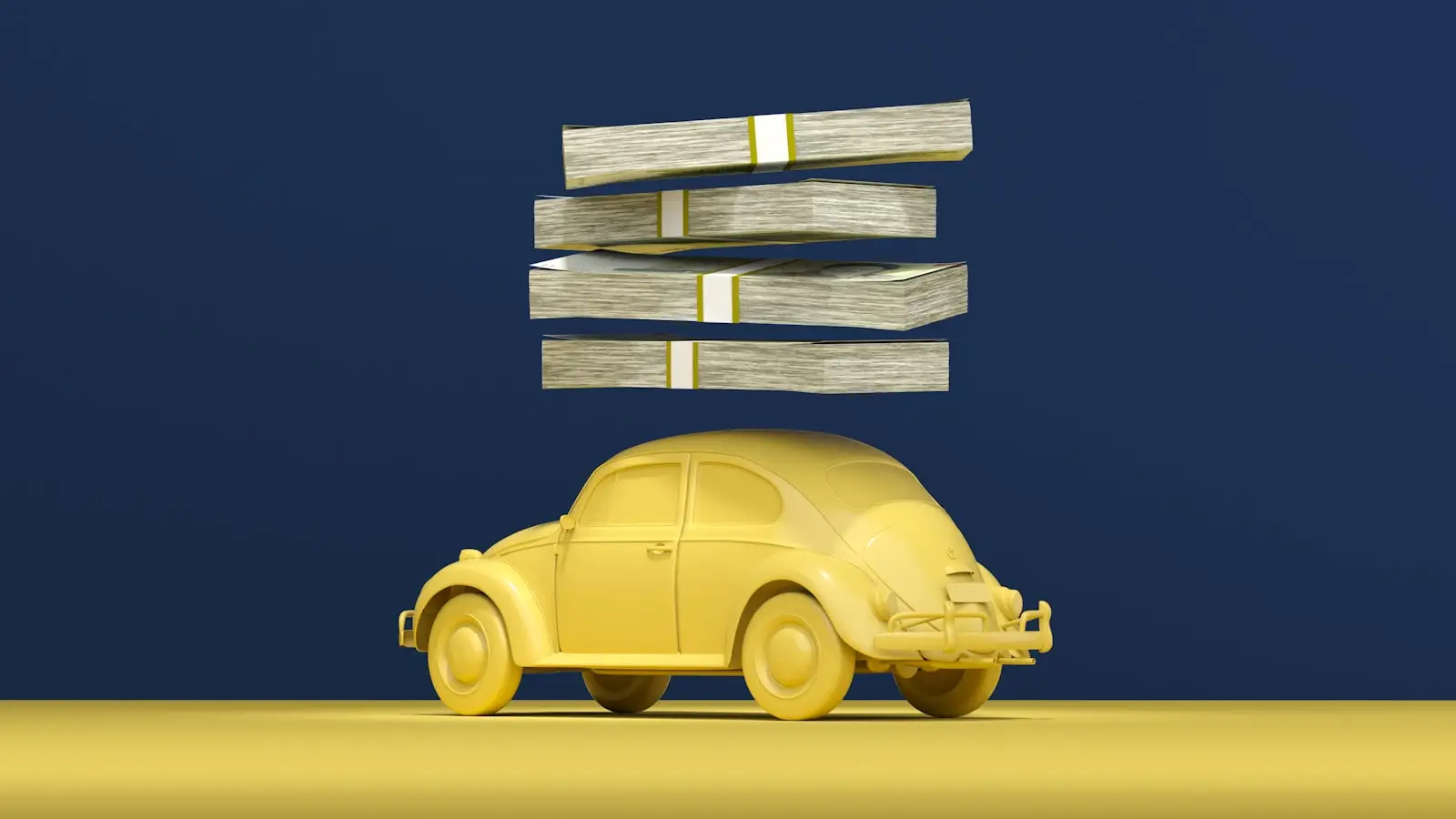 a yellow car with stacks of money on top of it